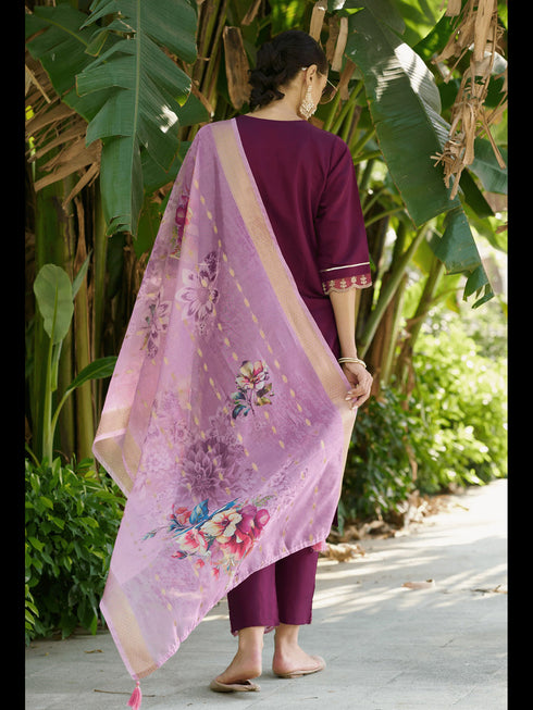 Purple Viscos Roman Silk Pant Suit 190054 Back View